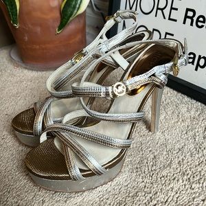 MICHAEL KORS gold silver strappy stiletto platform pumps